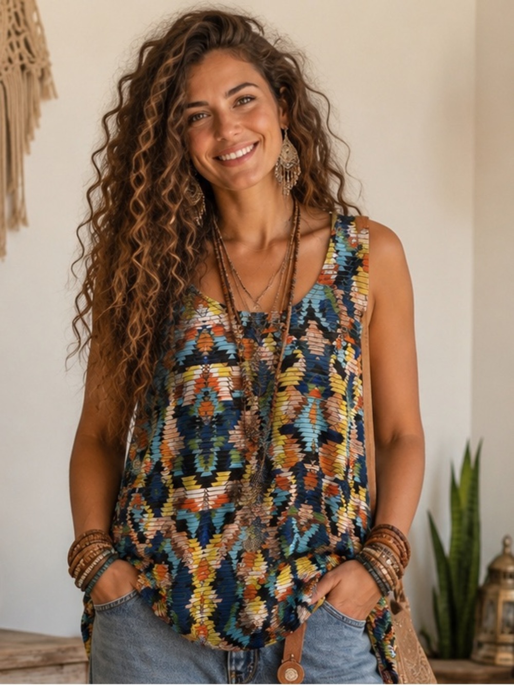 Daytrip Multicolor Geometric Mosaic Tank Top - Blue, Yellow, Orange Size Large